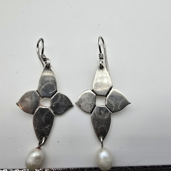 Sterling Silver Pearl Dangle Earrings - Picture 2 of 10